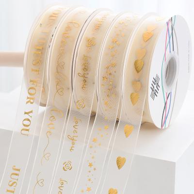 China Wholesale custom ribbon gilding process ins style organza bronzing snow to chat color ribbon silk bright organza for sale