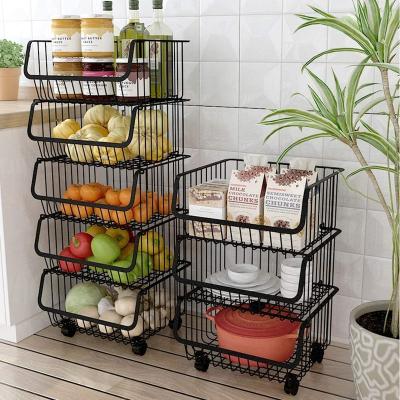 China Hot Sales Customized Sustainable 5 Tier Metal Stackable Wire Kitchen Vegetable Fruit Basket With Wheel for sale