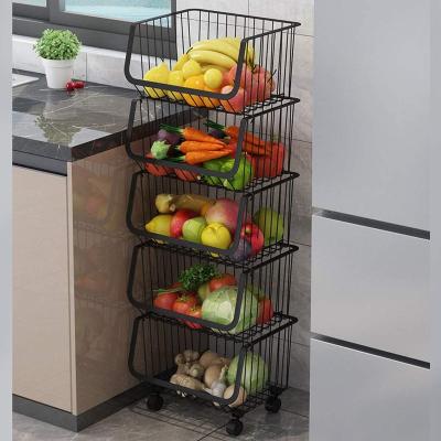 China 4 Tier Fruit Rack Kitchen Storage Basket Metal Storage Rack Viable Stackable Vegetable Shelf With Lockable Casters for sale