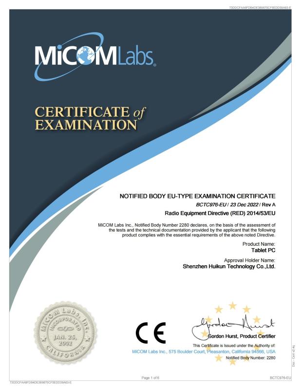 NOTIFIED BODY EU-TYPE EXAMINATION CERTIFICATE - Shenzhen Huikun Technology Co., Ltd.