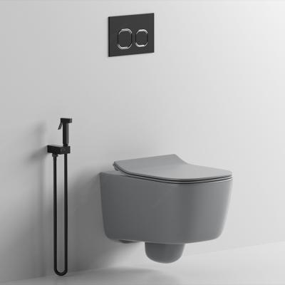 China New Design Matte Gray Rimless CE Wall Mount Cistern Concealed One Piece Wall Hung Toilet Bowl Wall Mounted Toilet for Sale for sale