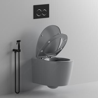 China Concealed European Ceramic Matte Gray Wall Mounted Flush Tank Double Cistern Wall Hung Rimless Toilet Bowl for sale