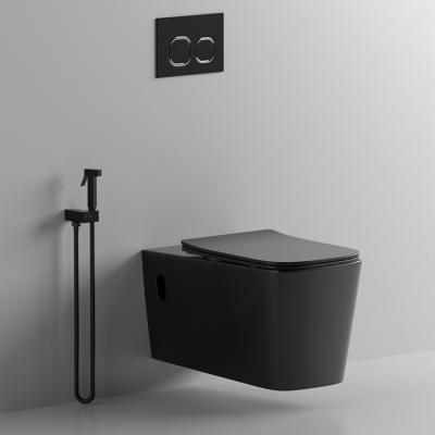 China Long Shape Square Tank New Design Wall Mount Hidden Matte Black Ceramic Toilet Bowl Bathroom Wall Hung Toilet for sale