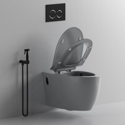 China Matte Gray Hidden Tank Sanitary Ware Rimless Bathroom Flush Wall Hung Wall Mounted Toilet Sets With CE Certificate for sale