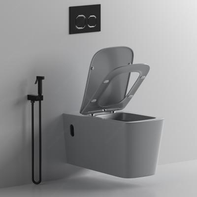 China Matte Gray Hot Selling Square Cistern Customized Color Concealed Toilet Bowl Ceramic Wall Installed Wall Hung Toilet Bowl Set for sale