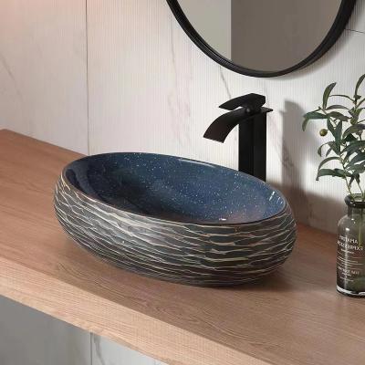 China Hot Selling Easy Clean Bathroom Shape Ceramic Oval Sink Black And White Hand Painted Porcelain Bathroom Sink for sale