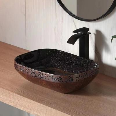 China Easy Clean Sanitary Oval Shape Bathroom Ware Hand Painted Brown Countertop Art Lavatory Look Pattern Vessel Sink for sale