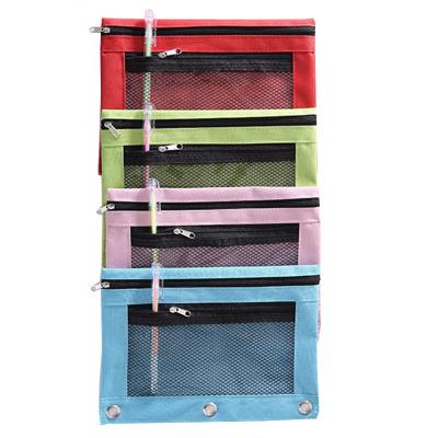 China Schools & Multicolor Running Offices Polyester Zipper Pencil Bag With PVC Mesh Window 3-Ring Binder Pencil Pouch Stationery Bag for sale