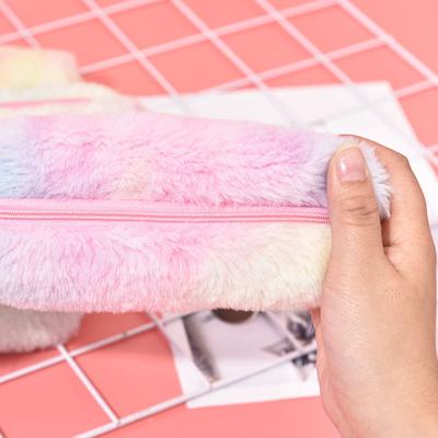 China Fashionable Girls Pen Bag Gradient Lovely Girl Faux Fur Zipper Pouch Direct Selling Zipper Closure Cute Plush Octagonal Box Pencil Case for sale