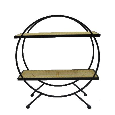 China Art Decor Ironwork Round Storage Rack with Rattan Weave Layer Board for sale