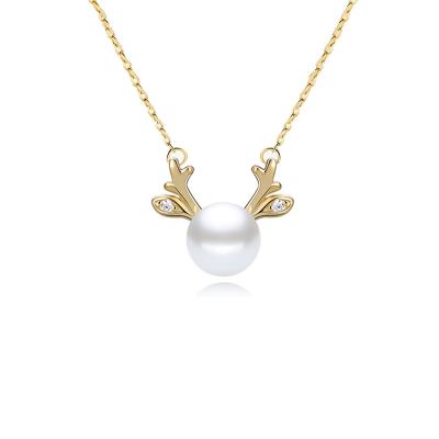 China Hot Selling Cute Natural Freshwater Pearl Necklace Pendant Jewelry 925 Sterling Silver Gold Plated Small Deer Antlers For Women Girls for sale