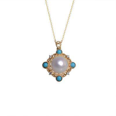 China CLASSIC Solid 925 Sterling Silver Gold Plated Micro-Inlaid Turquoise Diamond Pendant With 11-12mm Natural Freshwater Pearl Necklace for sale