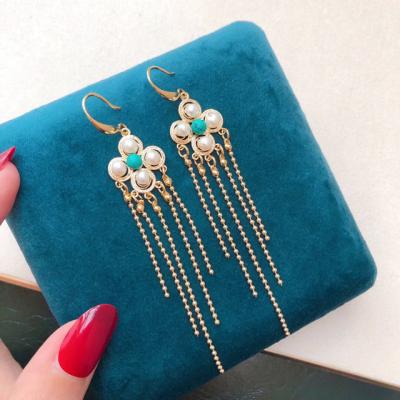 China Creative BOHEMIA Design Natural Freshwater Pearl Ear Hooks 14K Gold Plated Turquoise Pearl Tassel Earrings Jewelry Brass Winding Women for sale