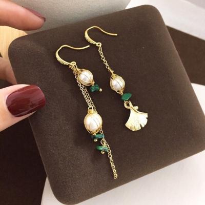 China Romantic European and American asymmetrical natural freshwater gold-plated retro danglers of pearl earrings 14k ginkgo leaf tassel earrings for sale