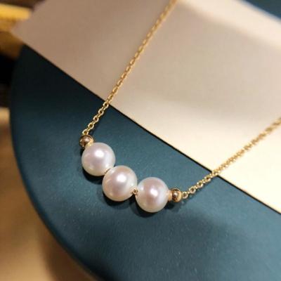 China New Product FASHIONABLE Korean Three Pearl Pearl Necklace 14K Natural Freshwater Gold Plated Pearl Brass Necklace For Mom Mother for sale