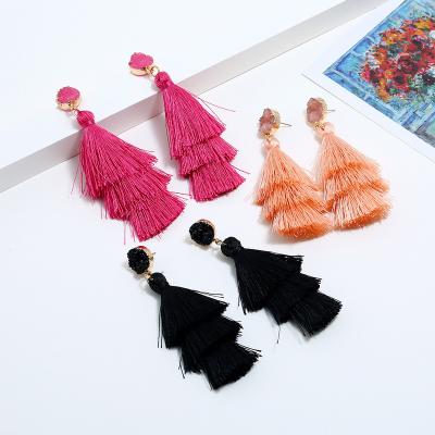 China Fashion cute classic style long tassel earrings gift three layer tassel earbobs Amazon sells earrings red blue pink eardrops for sale