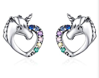 China Wholesale High Quality Fashion Hypoallergenic Unicorn Stud Earrings Cute 925 Silver Rainbow Zircon Stud Earrings for sale