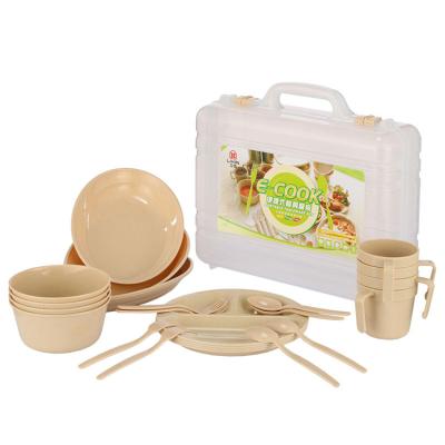 China 24 Pcs Picnic Dinner Set Wheat Straw Bowl Plate Cups Cutlery Sustainable Unbreakable Camping Tableware Sets Wheat for sale