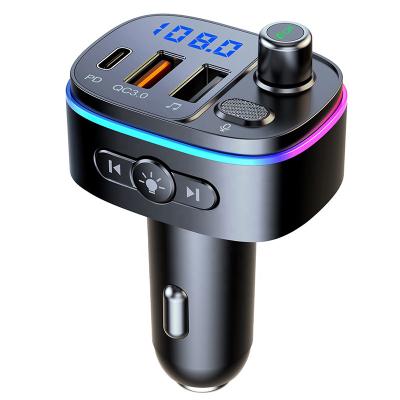 China Newest T65 Led Light Multi Stereo Charging MP3 Players FM Stereo Radio Transmit Car 3 Ports QC3.0 + PD USB-C Phone Car Fast Charger for sale