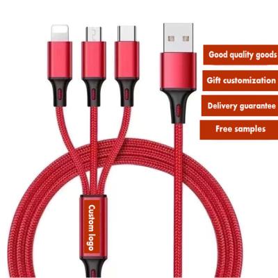 China Data Tansmission Woven Nylon Drag Three Data Cable Multi Head 2A Fast Charging Three In One Mobile Phone Charging Cable for sale