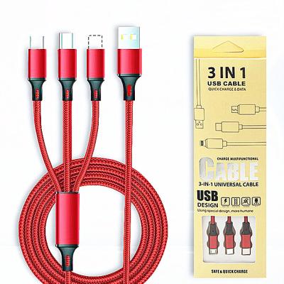 China Data Transmission 3in1 Usb Charger Cable, 3 in 1 Nylon Braided Cable Fast Charging Data Line for Ipone and Micro and Type C Cabel for sale