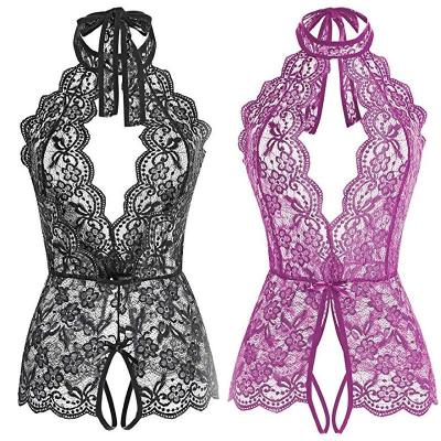 China Hot Selling Sexy Love Halter Lace Perspective Spandex Girls Underwear Lingerie Mesh Jumpsuit Jumpsuits for sale