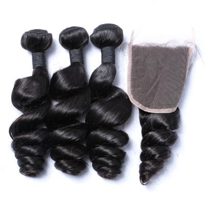 China Loose Wave 4*4 Lace Closure With Bundles Natural Black Color Loose Wave Human Hair Virgin Indian Hair for sale