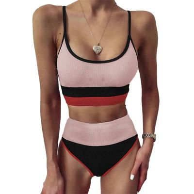 China Breathable Woman Bikini High Waist Crop Swimsuit Swimming Top Spaghetti Tie Ribbed Color Block Women Swimwear for sale