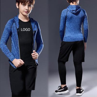 China Breathable Custom Logo Quick Dry Polyester Compression Kids Sports Wear Suits Anti-Static Stretch Shirts Legging Pants Boy Sweat 5pcs Set for sale