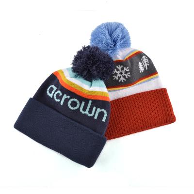 China OEM COMMON high quality warm slouchy winter hat custom jacquard embroidered logo pom beanie man for sale