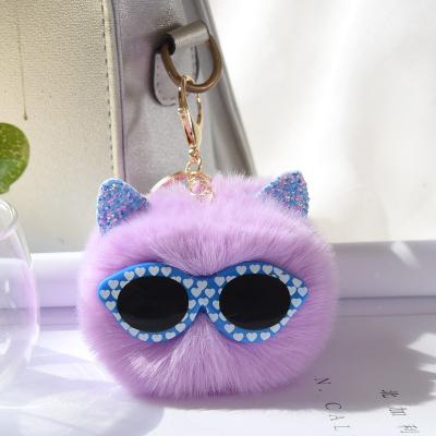 China Purple Fluffy Cute Fluffy Ball Plush Faux Rabbit Fur Key Holder Key Chain Plush Promotion Pompom Key Chain for sale