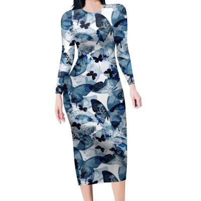 China 2021 New Autumn Long Sleeve Bodycon Dress Women Vintage Butterfly Printing Design Women's Anti-static Long Casual Dresses Wholesale for sale