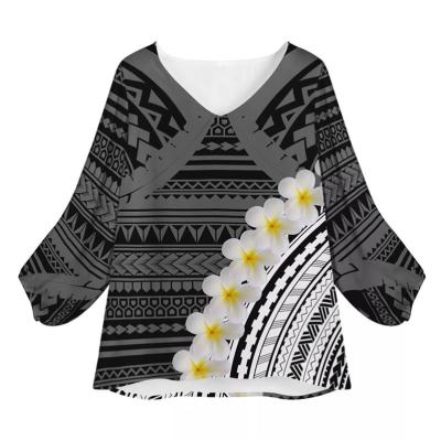 China Anti-pilling Ladies Casual Blouse Lantern Long Sleeve Women Chiffon Shirts Fall Clothing Fashionable Polynesian Tribal Plumeria Print Tops for sale