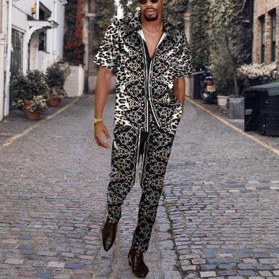 China Breathable Two-Piece Set Leopard Printing Men's Short Sleeve Shirt + Pants 2021 New Summer Mens Casual Tops Pants for sale