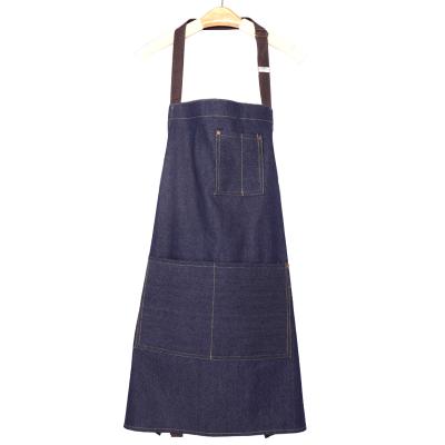 China Dark Blue Denim Kitchen Apron Hotel Washable Denim Cooking Apron For Women for sale