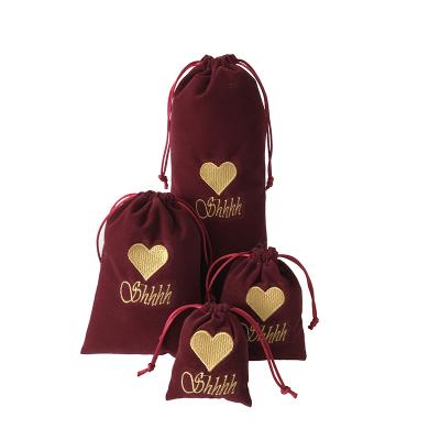 China Recyclable Custom Embroidery Logo Multi Sizes Velvet Drawstring Valentine Gift Bags for sale