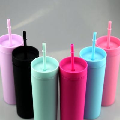 China 2021 New Arrivals Reusable Disposable Colored PS Matte Skinny Tumblers Double Plastic Shatterproof Double Wall With Straws for sale