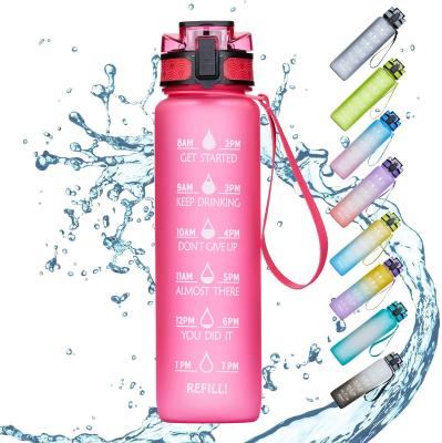 China Gradient Color Sustainable Water Bottle with Drinking Time Motivational Marker, Reusable Tritan BPA Free Bottle with Filter for Gym for sale