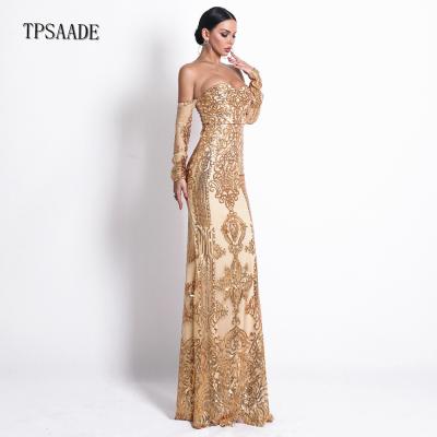 China Breathable Champagne Good Quality Sequined Long Sleeve Mermaid Evening Dress WF093 for sale