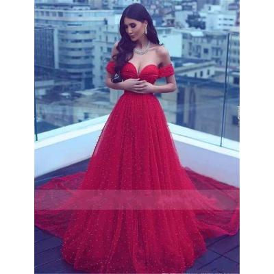 China Anti-Static Red Long Off-the-Shoulder Prom Beading Prom Dresses Beading Crystals Saudi Arabia Evening Dresses for sale