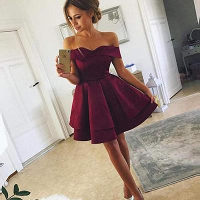 China Breathable Burgundy Off The Shoulder Short Junior Satin Homecoming Graduation Prom Dresses Cocktail Dresses for sale