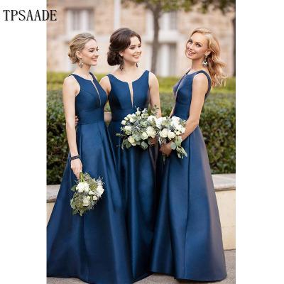 China Breathable Custom Design Single Scoop Neckline Royal Blue Satin Bridesmaid Dress WF104 for sale