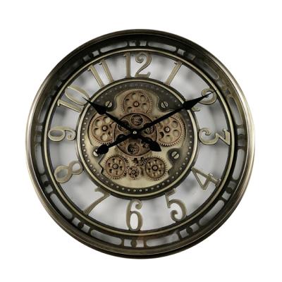 China Antique Industrial Rustic Luxury Metal Round Gold Metal Style Moving Gear Clock for sale