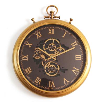 China Antique High Quality Black Fancy Round Metal Gear Gold Style Rustic Glass Wall Gear Clock for sale