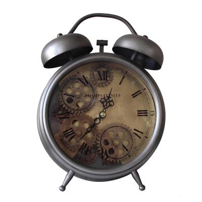 China Antique Style Classic Design Silver Gear Clock Round Alarm Clock Metal Roman Numerals Decor Shaped Home Table Clock for sale