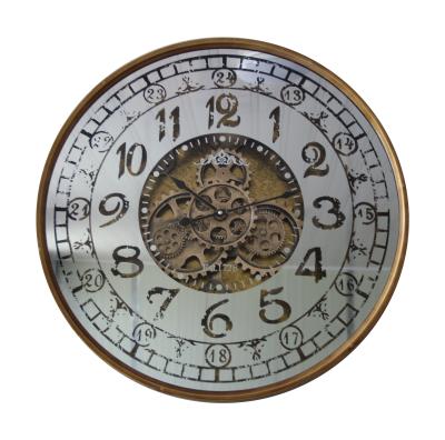 China Antique Gray Silver Rustic Gear Clock Fashion Style Gold Metal Roman Wall Clock With Mirror for sale