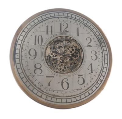 China Hot Selling Golden Antique Style Classic Gear Clock Round Mirror Wall Clock For Living Room for sale