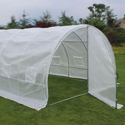 China Easily Assembled Walk In Backyard Greenhouse With Metal Door Green Pe Mesh Fabric Uv Protected for sale