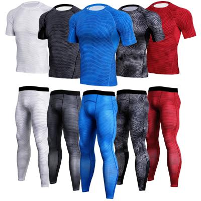 China Quick-drying Men's Fitness Breathable Black T-shirt Tight Pants Running Sports Suit Fitness T-shirt Workout Clothes for sale