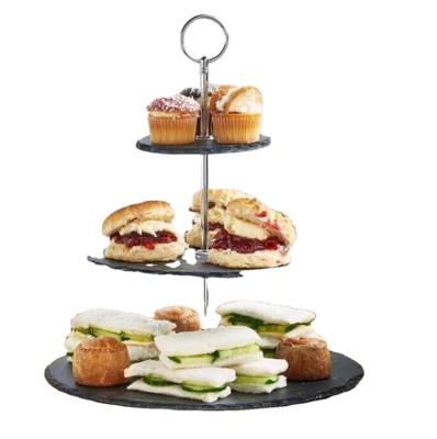 China 2022 Modes Slate Rock Cake Stand Viable 3-Layer Rock Cake Slate Dish Wedding Birthday Party Dessert Display 3-Layer Slate Tray for sale